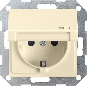 Фото Gira System55 041401 Розетка с заземляющим контактом (16 А, под рамку, шторки, крышка, пиктограмма, скрытая установка, кремовая глянцевая)